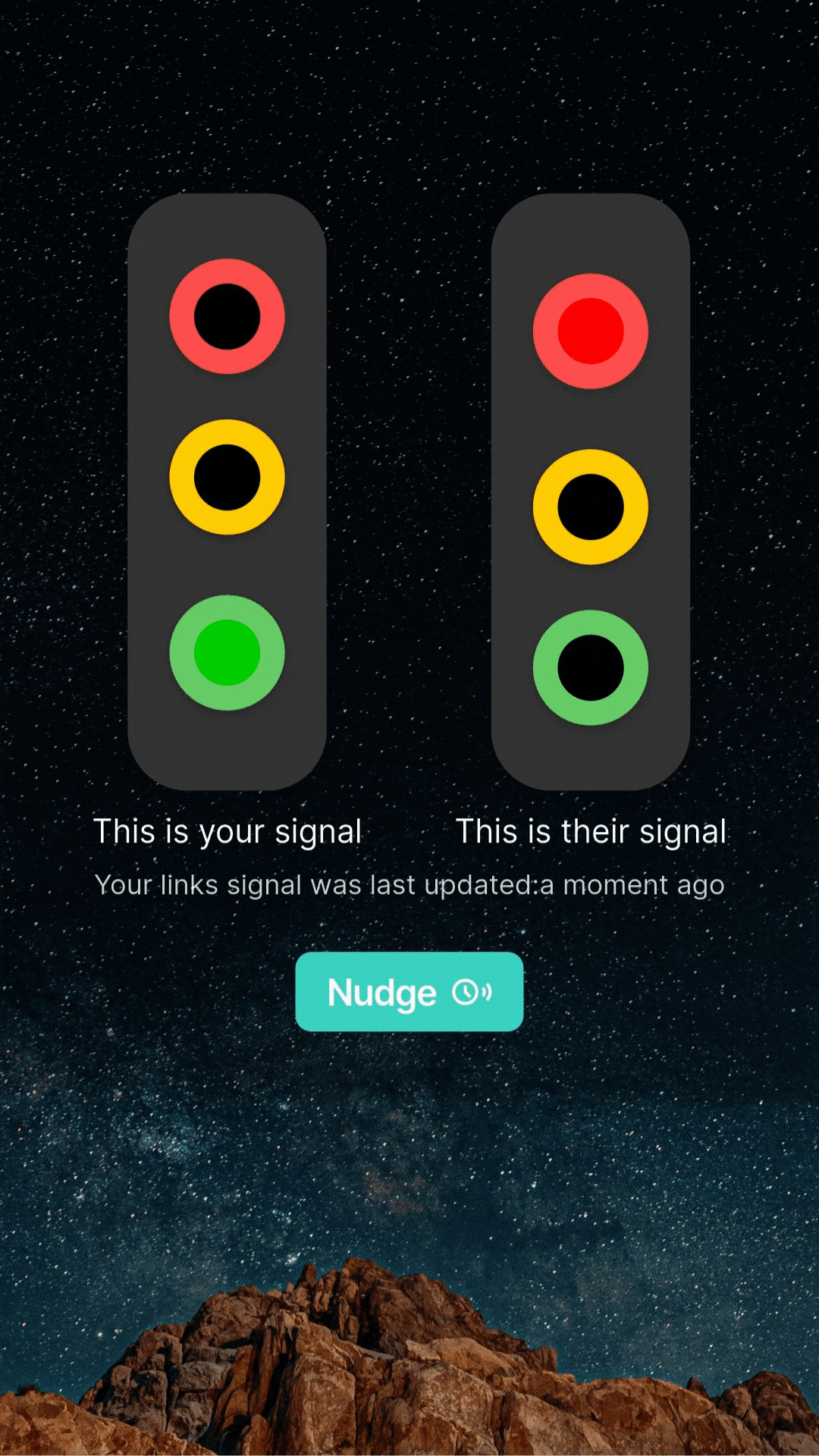 Relate app showing dual traffic light signals - your signal and their signal with nudge feature